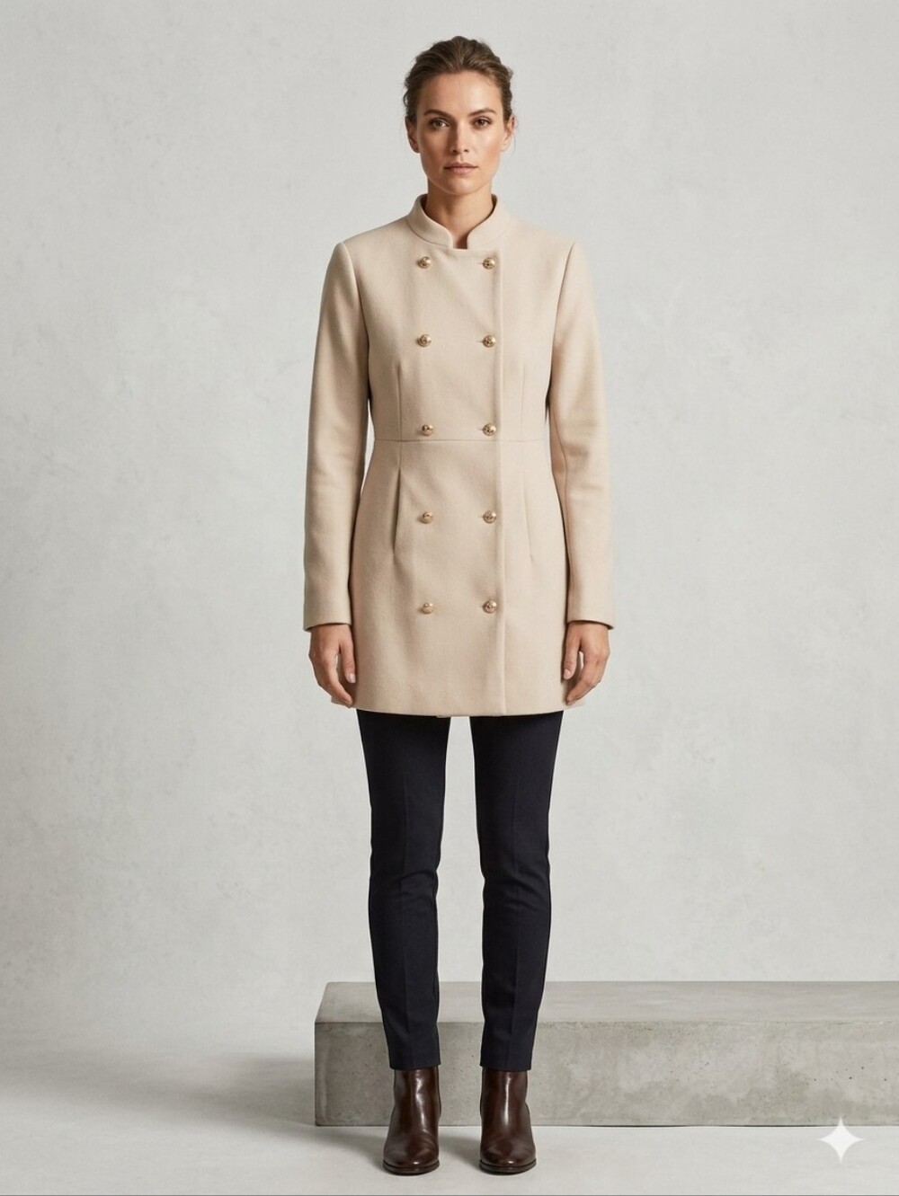 Entro Cream Double Breasted Military Pea Coat Gold Buttons Women's Size Small